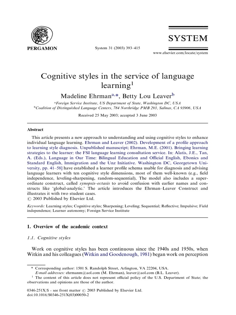 Cognitive Styles in The Service of Langu PDF | PDF | Learning Styles ...