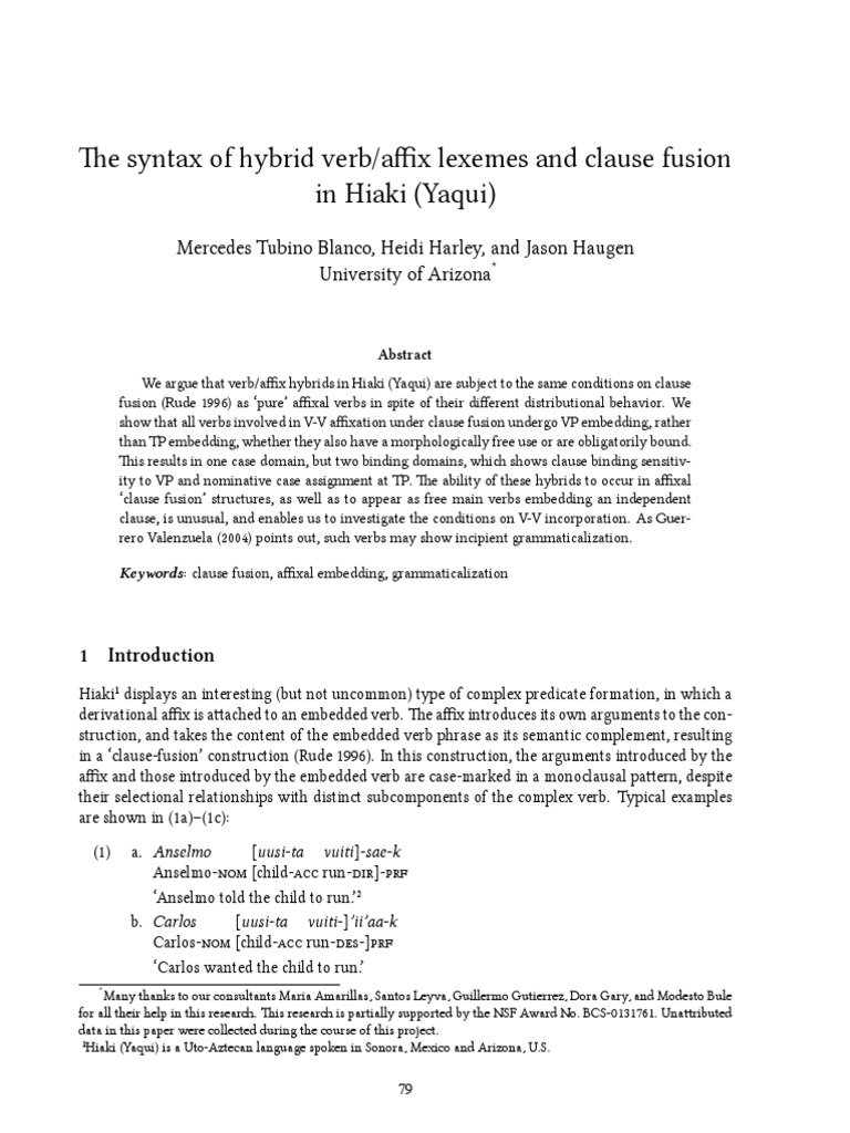The Syntax of Verb/Affix Hybrids and Clause Fusion in Hiaki (Yaqui) A