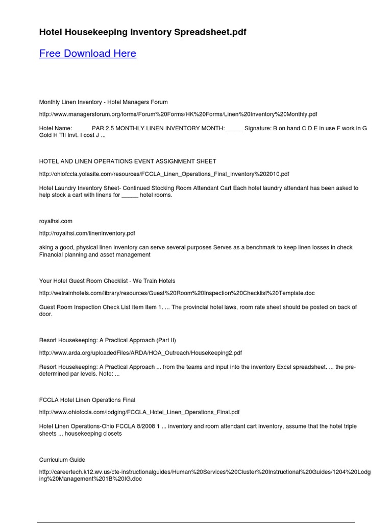 Hotel Housekeeping Inventory Spreadsheet PDF Housekeeping Inventory