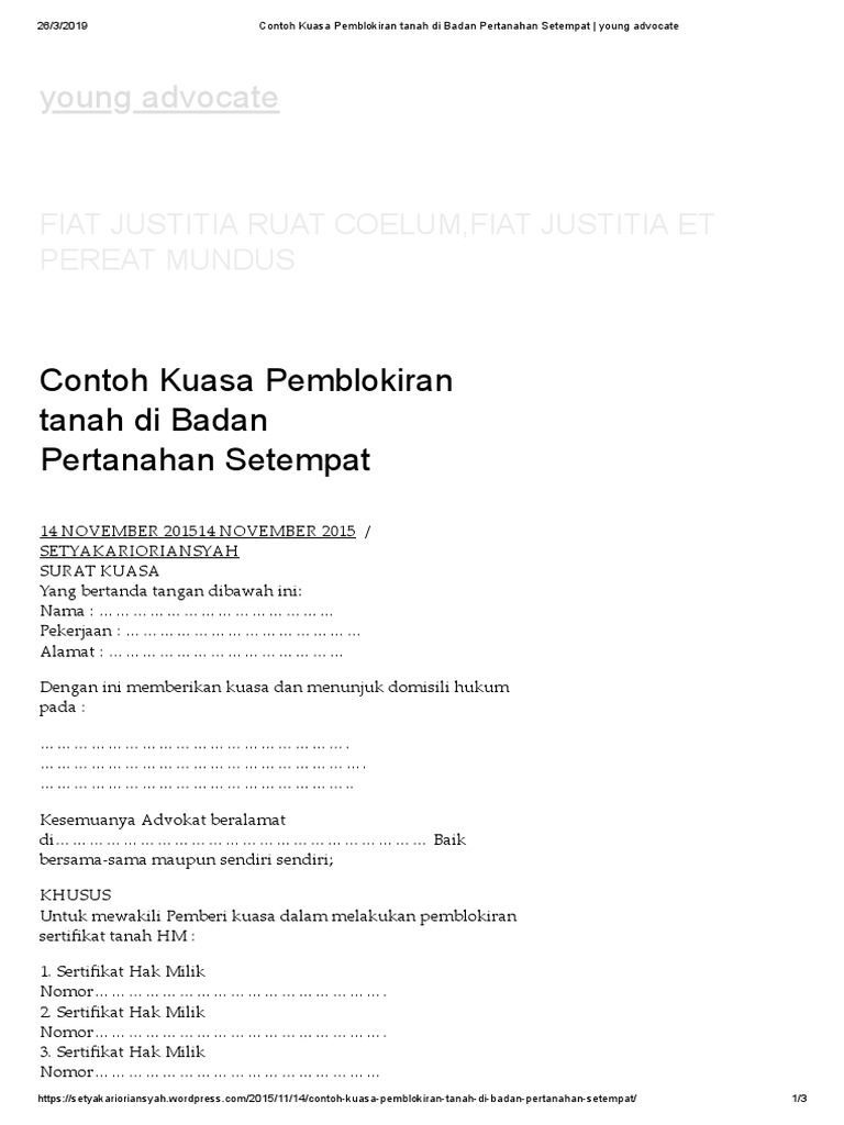 Contoh Kuasa Pemblokiran Tanah Di Badan Pertanahan