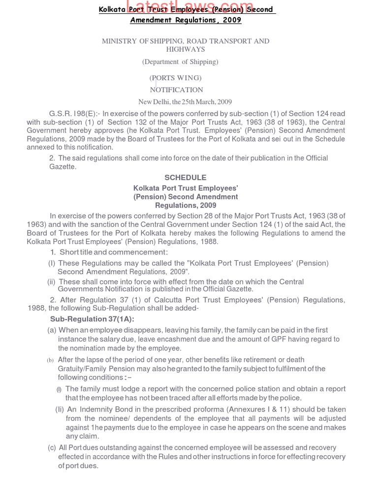 Kolkata Port Trust Employees (Pension) Second Amendment Regulations