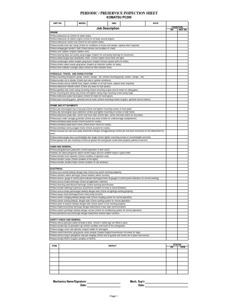 Komatsu PC200 Inspection Checklist | PDF | Screw | Mechanical Engineering