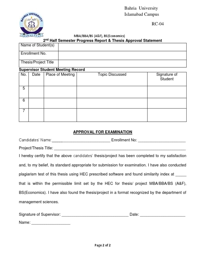 MBA/BBA Thesis Progress Report Template | PDF