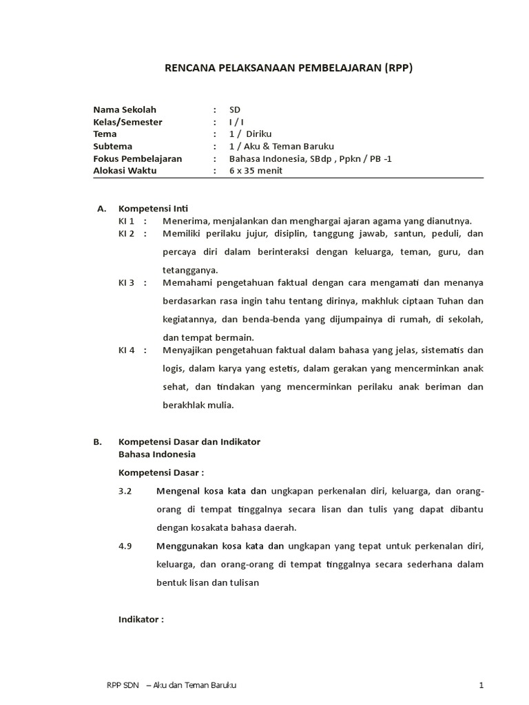 Rpp Kls 1 K13 1st1 Aku Dan Teman Baruku