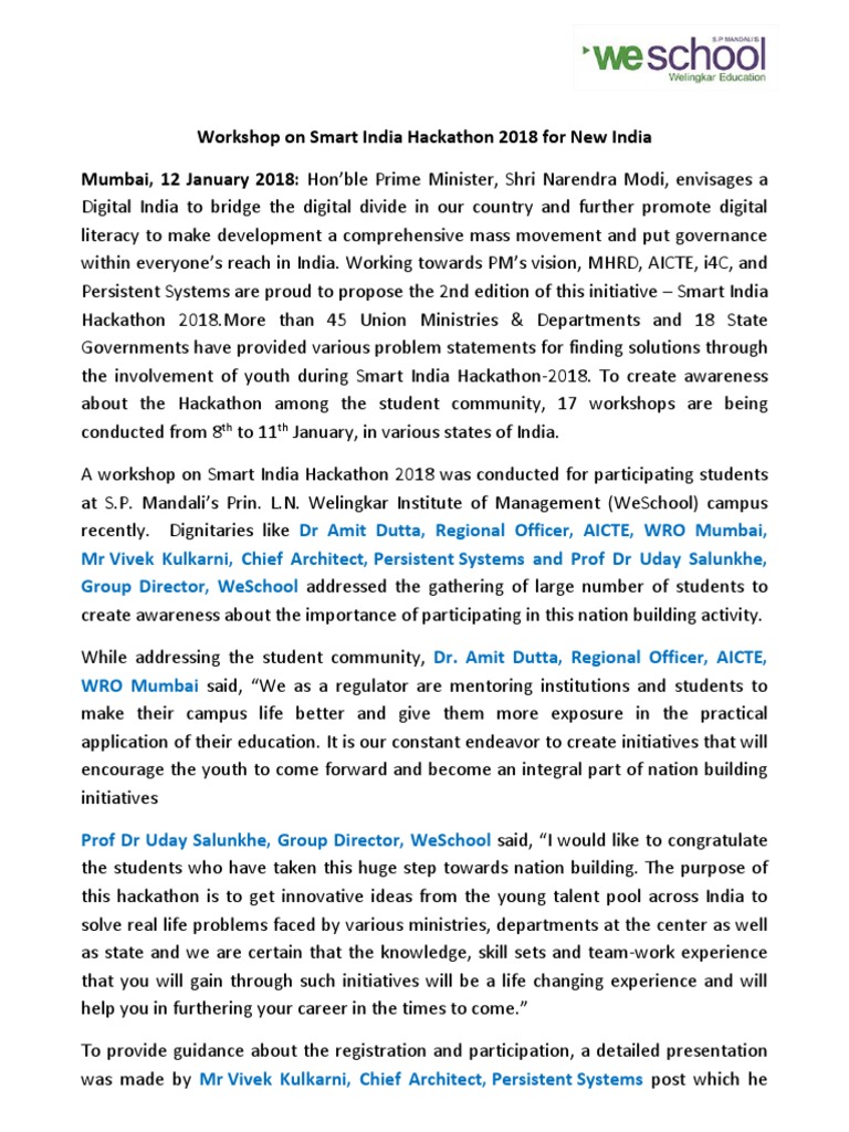 Smart India Hackathon 2018 Workshop | PDF | Computing And Information ...
