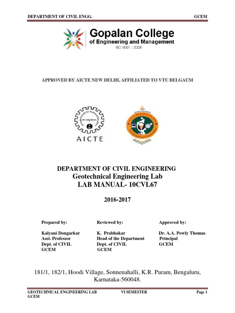Geotechnical Engineering Lab Lab Manual10Cvl67 Department of Civil Engineering PDF Density