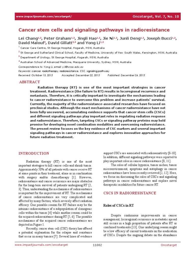 Cancer Stem Cells and Signaling Pathways in Radioresistance | PDF ...