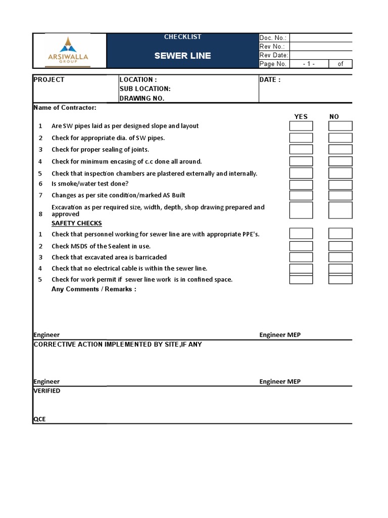 QA/Qc - Checklist Sewer Line | PDF