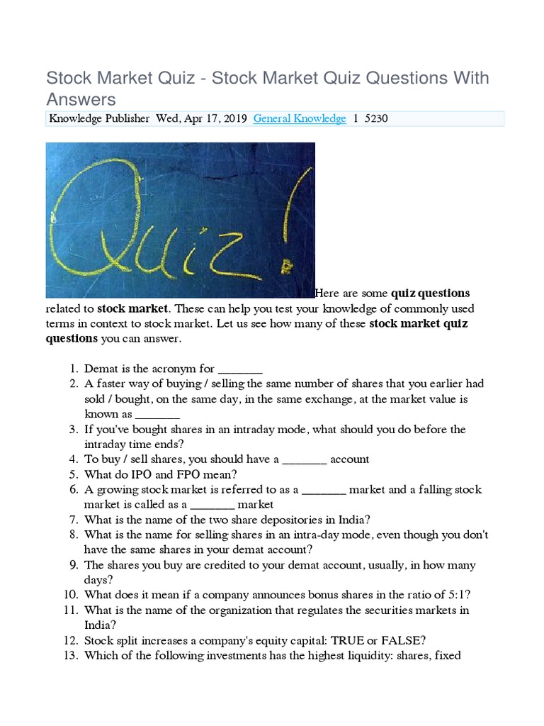 Stock Market Quiz Stock Market Quiz Questions With Answers PDF