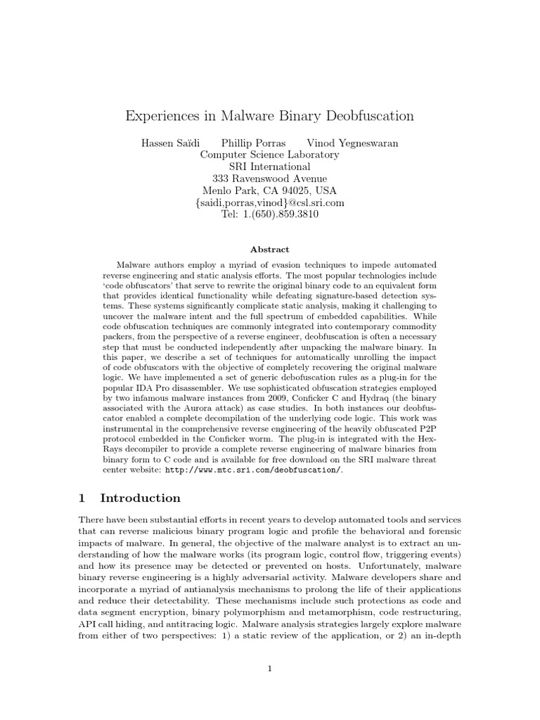 Malware Binary Deobfuscation PDF | PDF | Subroutine | Parameter ...