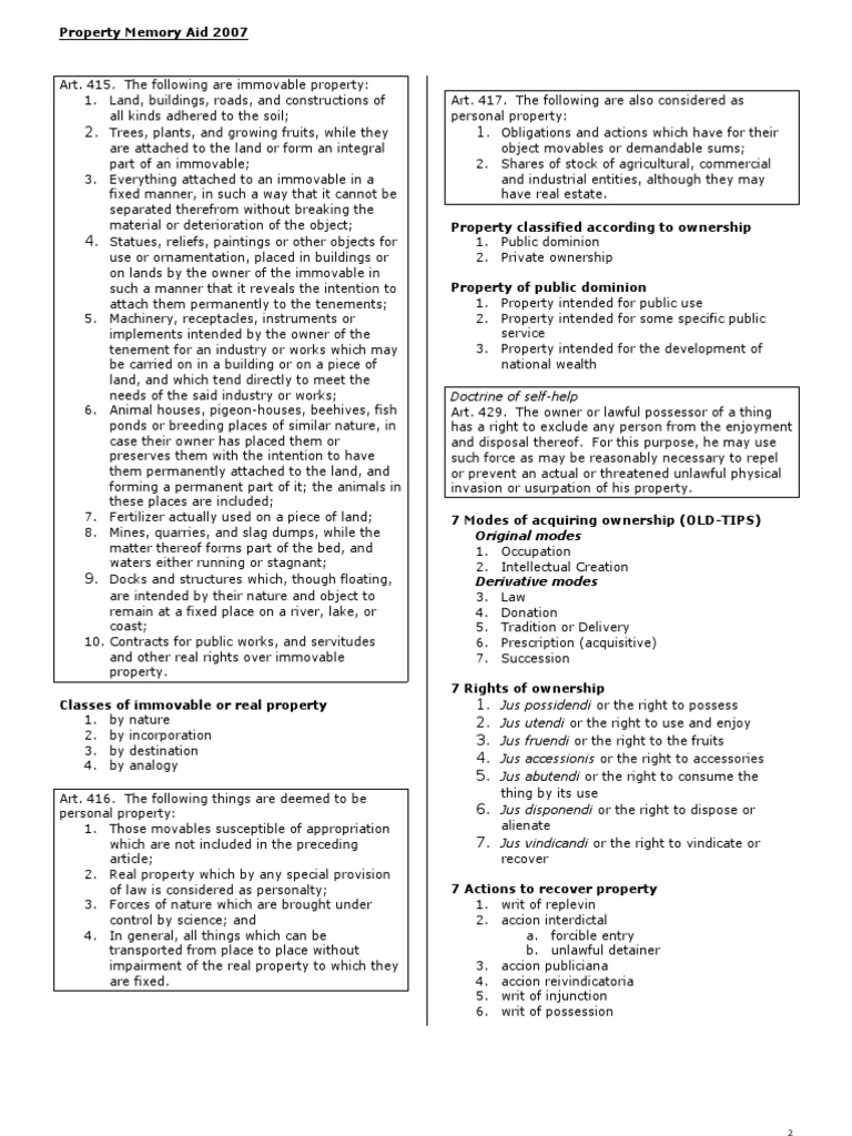 Property Memory Aid PDF Easement Ownership