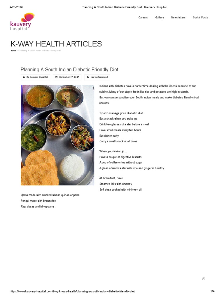 Planning A South Indian Diabetic Friendly Diet - Kauvery Hospital | PDF