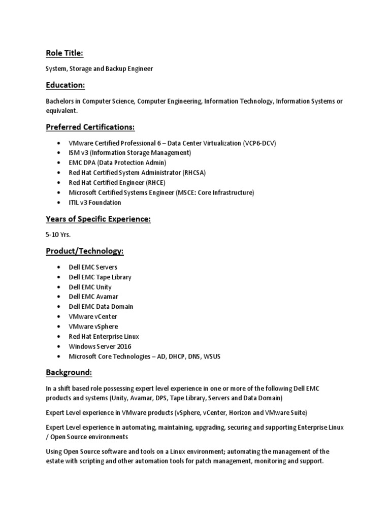 JD System, Storage and Backup Engineer PDF Backup V Mware