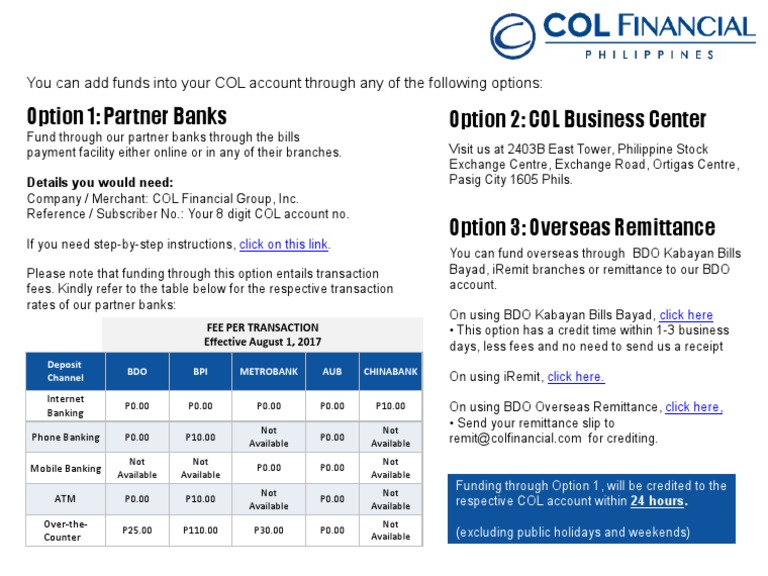How To Fund Your COL Account | PDF | Banks | Fee