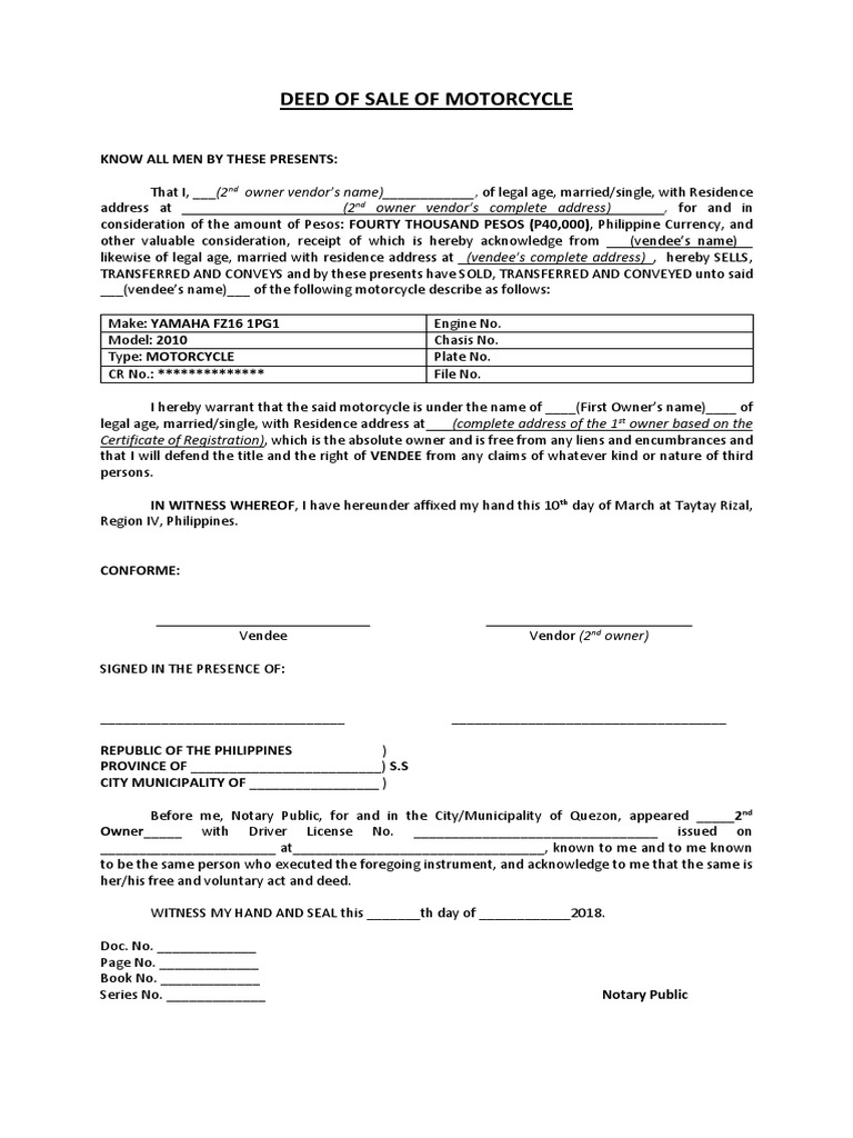 Motorcycle Deed of Sale Template | PDF | Deed | Notary Public