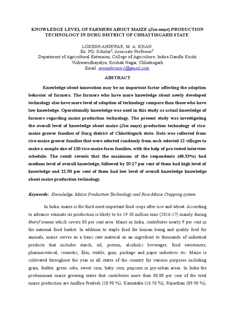Farmers' Knowledge of Maize Production in Durg | PDF | Maize | Wheat