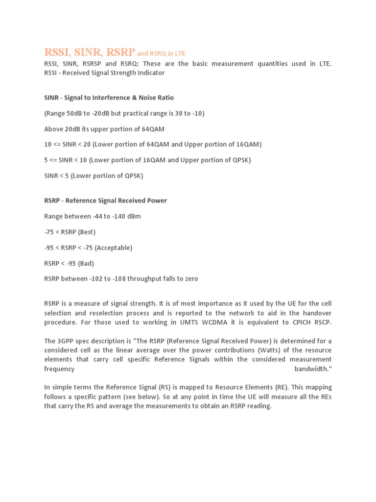 Signal Perameters (RSSI, RSRQ & SINR in LTE) | PDF | Bandwidth (Signal ...