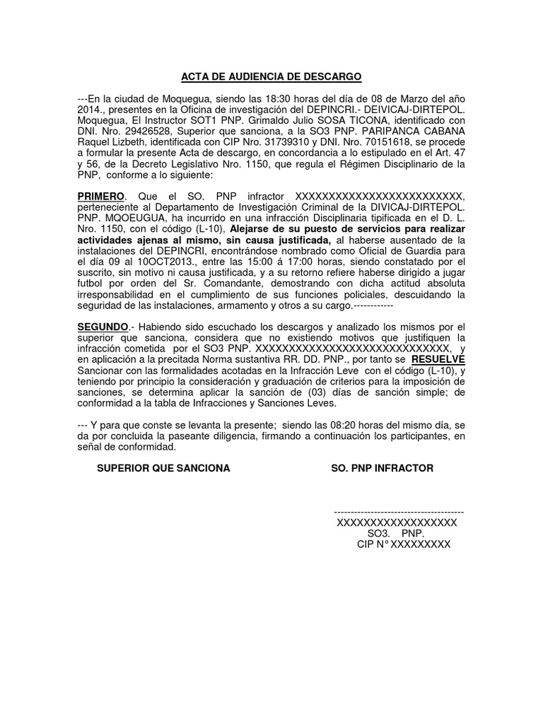Acta de Audiencia de Descargo Laboral | PDF | Justicia | Crimen y violencia