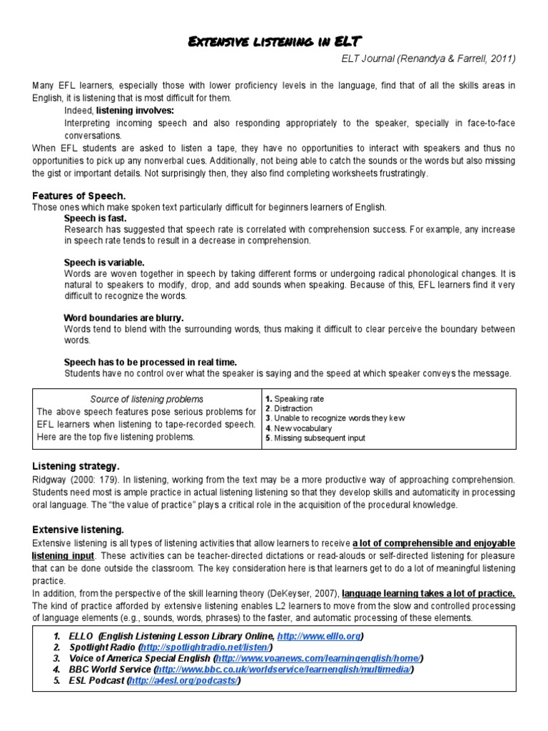 Extensive Listening in ELT | PDF | English As A Second Or Foreign ...