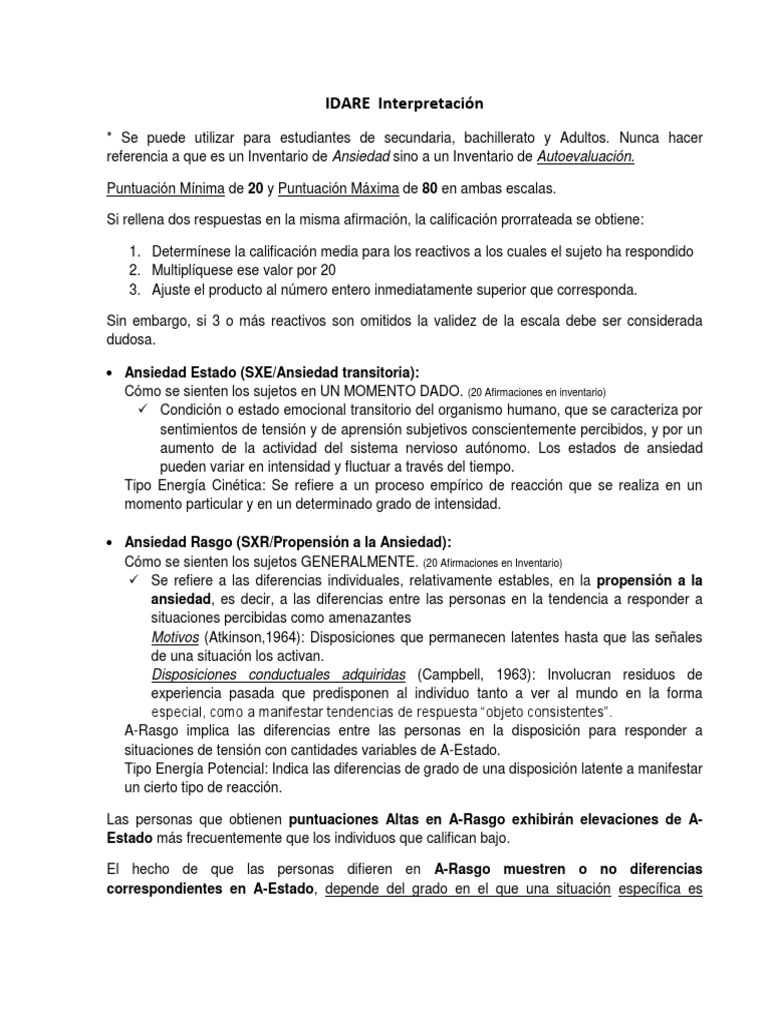 Calificación e Interpretación del IDARE | PDF | Ansiedad | Neurociencia