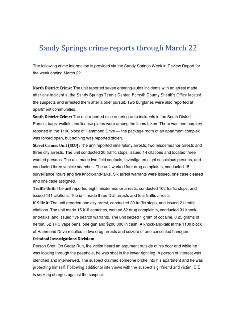 Sandy Springs Crime Report: March 22 | PDF | Traffic Stop | Arrest