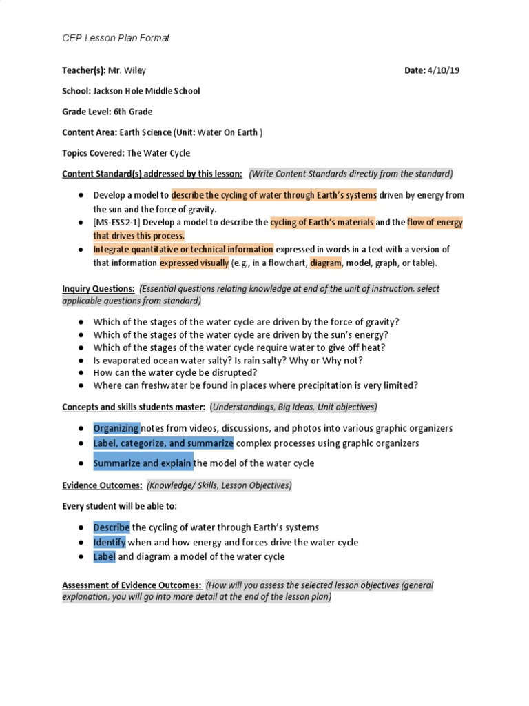 6th Grade Water Cycle Lesson Plan | PDF | Lesson Plan | Water Cycle