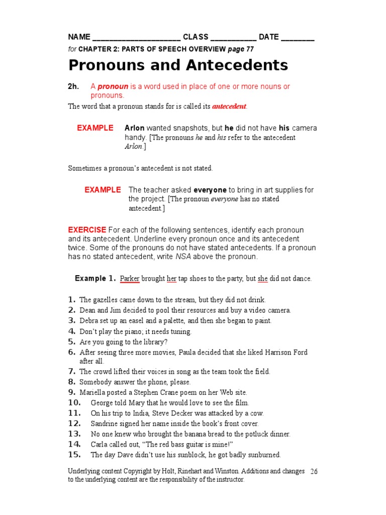Worksheet 26 Pronouns and Their Antecedents | PDF | Pronoun | Syntactic  Relationships