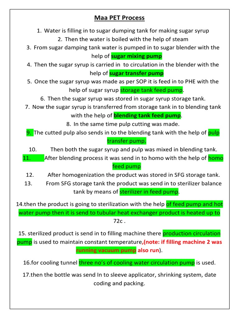Maa PET Process:, (Note: If Filling Machine 2 Was Running Vacuum Pump ...