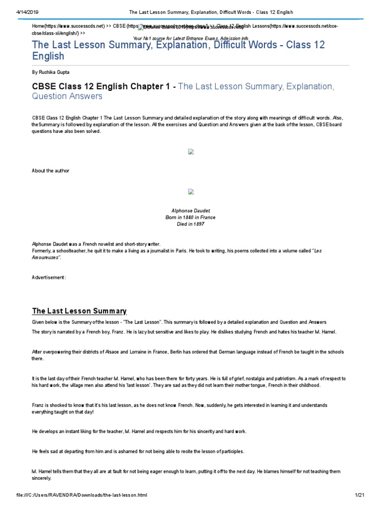 The Last Lesson Summary, Explanation, Difficult Words Class 12