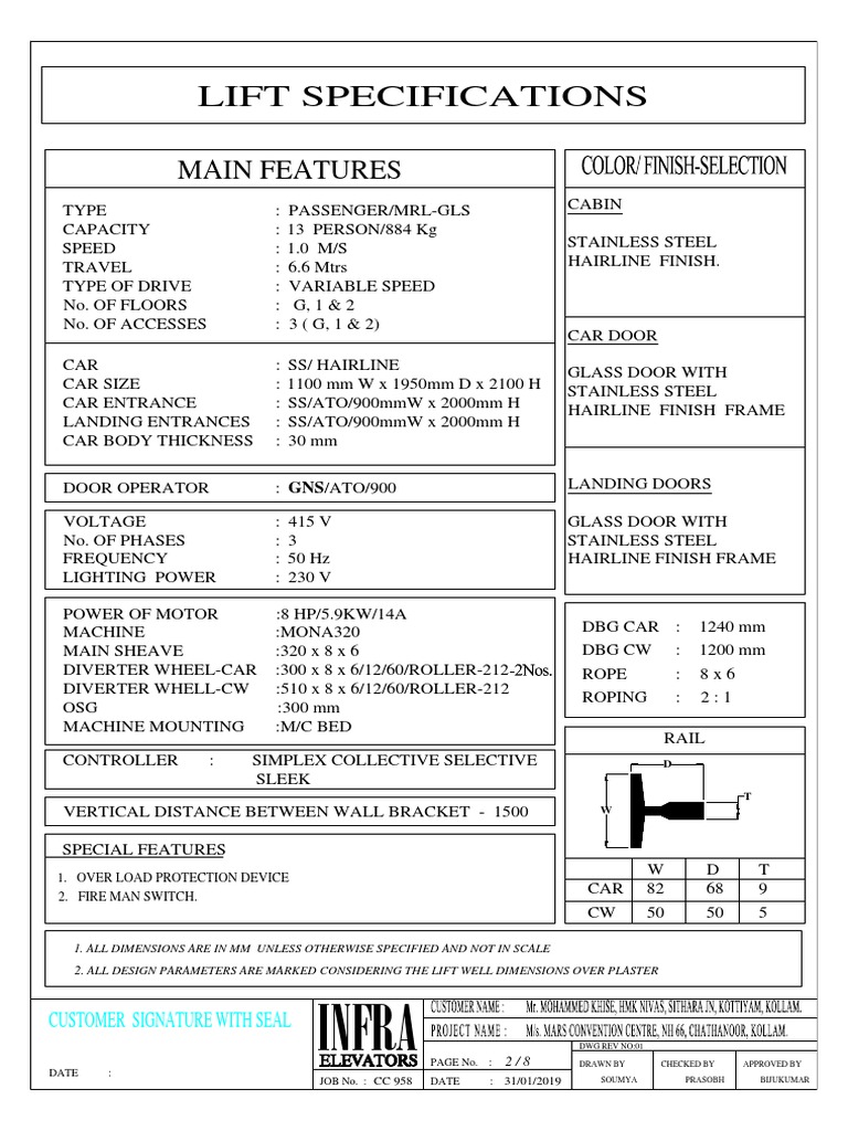 Infra: Lift Specifications | PDF | Door | Elevator