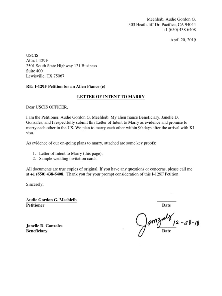 RE: I-129F Petition For An Alien Fiance (E) Letter of Intent To Marry | PDF
