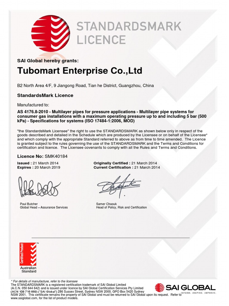 StandardsMark License for Tubomart | PDF | License | Pipe (Fluid ...