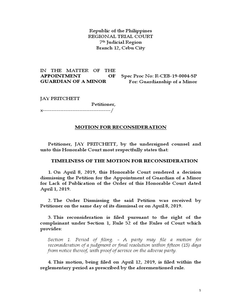 Motion for Reconsideration of Guardianship | PDF | Judgment (Law ...
