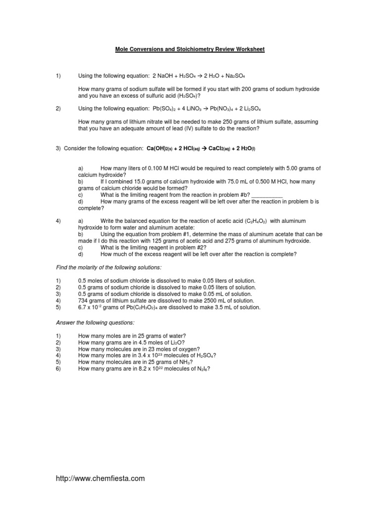 Mole Conversions and Stoichiometry Review Worksheet: Find The Molarity ...