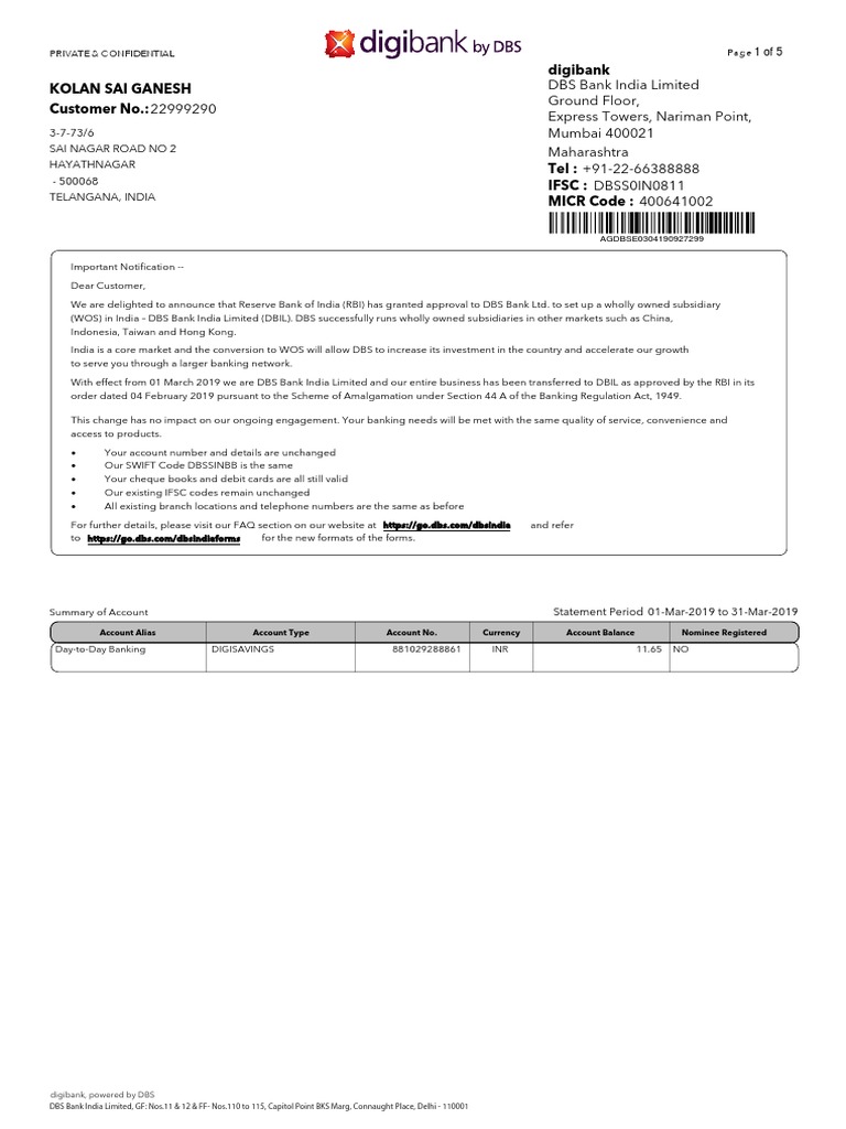 DBS India March 2019 Account Statement | PDF | Debits And Credits ...
