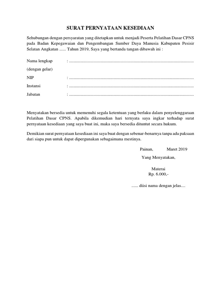 Contoh Surat Pernyataan Kesediaan | PDF