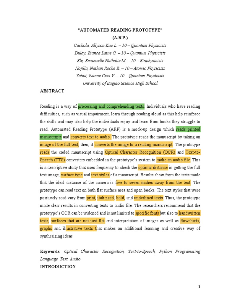 Automated Reading Prototype for Accessibility | PDF | Optical Character ...