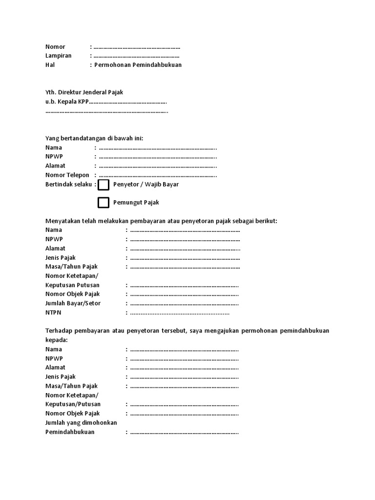 Surat Permohonan Pemindahbukuan Pajak | PDF | Pengelolaan Keuangan ...