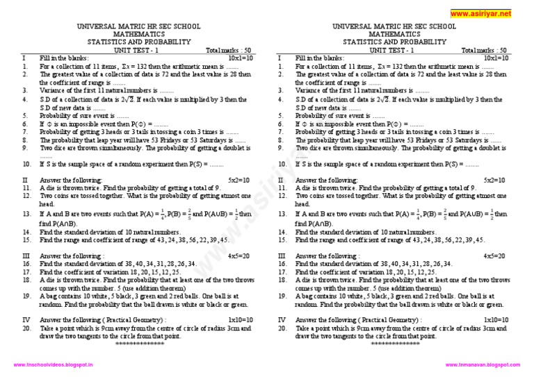 Statistics and Probability Unit Test | PDF | Mean | Statistical Theory