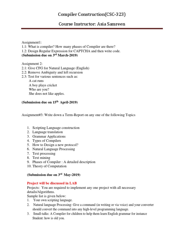 Compiler Construction Course Assignments | PDF