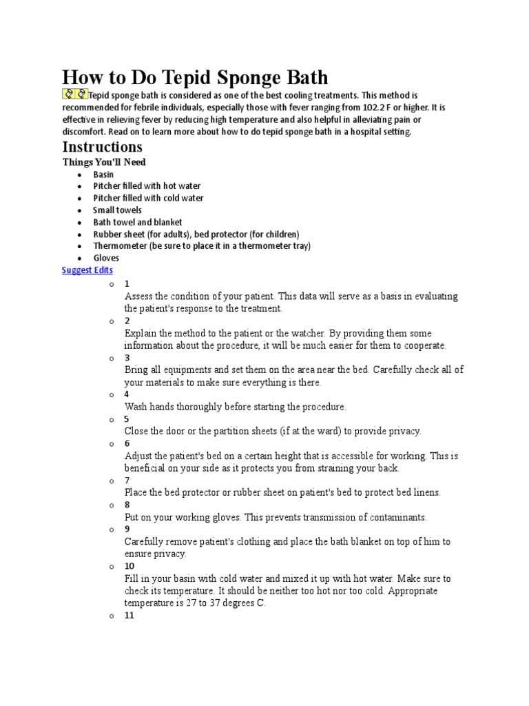 How To Do Tepid Sponge Bath Instructions Download Free PDF Fever Patient