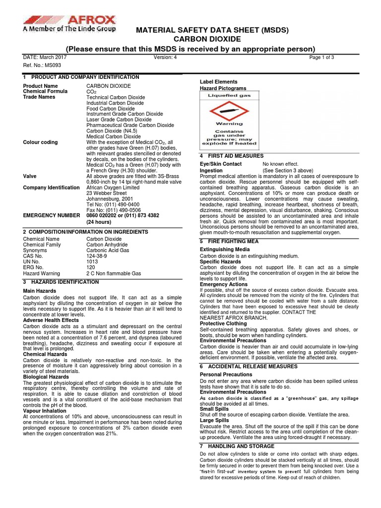 Material Safety Data Sheet (MSDS) Carbon Dioxide (Please Ensure That ...