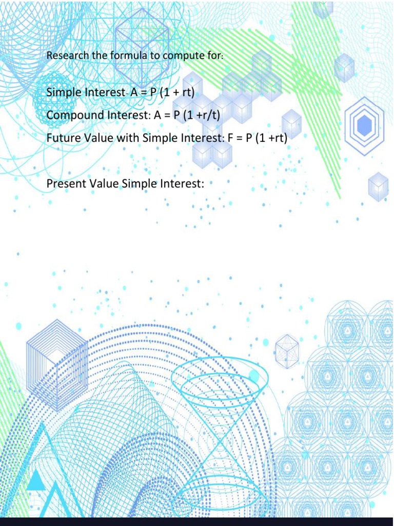 Simple Interest A P (1 + RT) Compound Interest A P (1 +R/T) Future ...