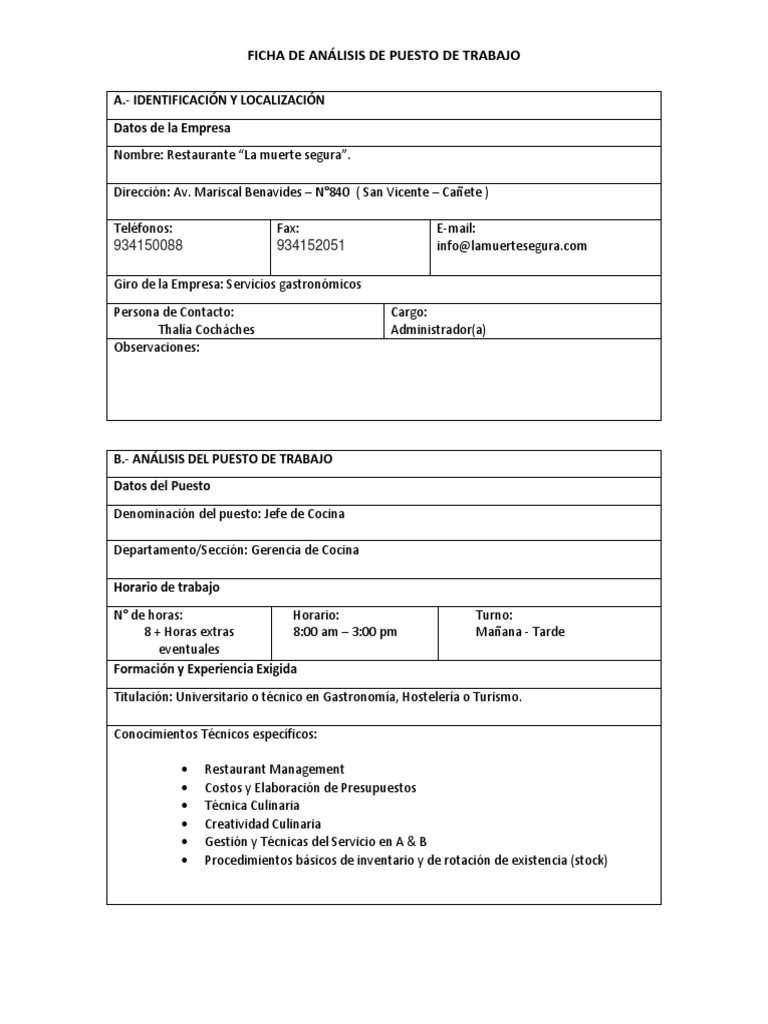 Ficha Puesto Trabajo PDF Artes culinarias Análisis de Riesgo y