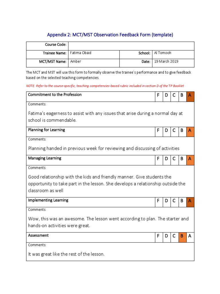 MCT/MST Observation Feedback Template | PDF