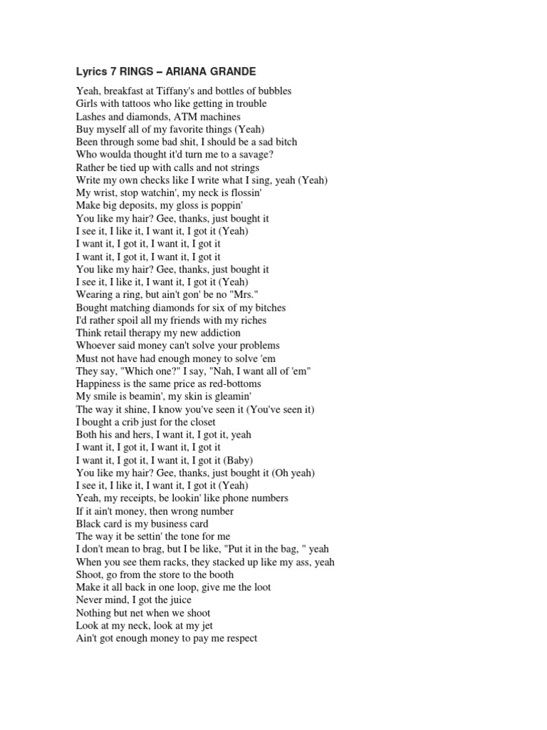 7 Rings Lyrics by Ariana Grande | PDF
