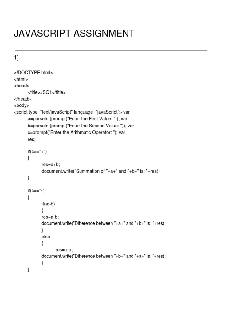 Javascript Assignment: Document - Write ("Difference Between "+a+" and ...