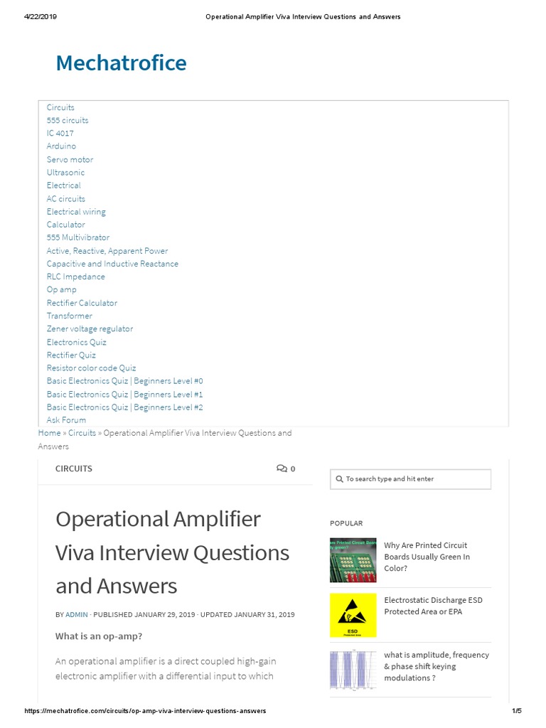 Operational Amplifier Viva Interview Questions and Answers PDF
