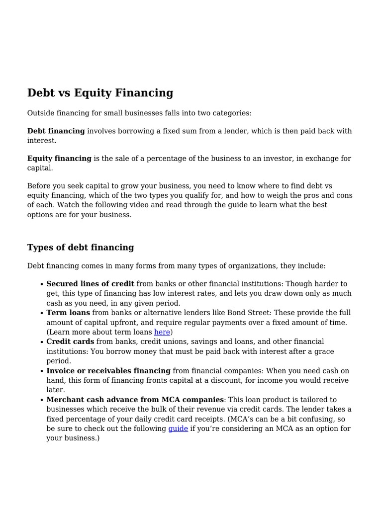 Understanding Debt Vs Equity Financing | PDF | Debt | Loans