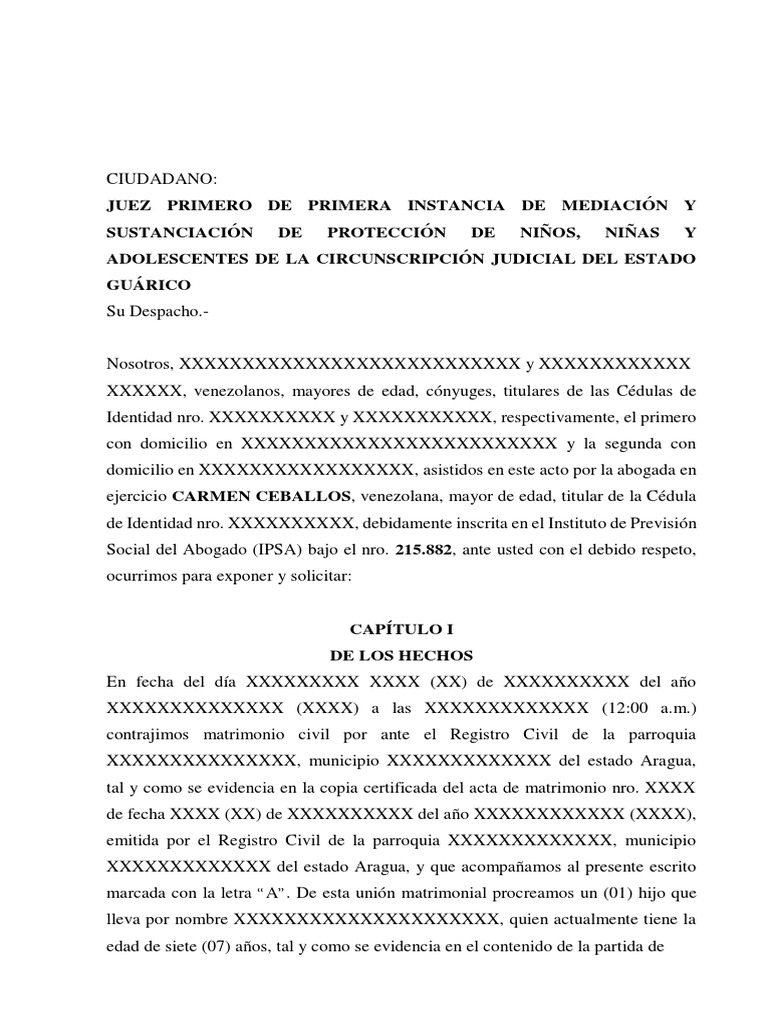 Venezuela Modelo de Divorcio 185A Con Hijos Menores Divorcio Matrimonio